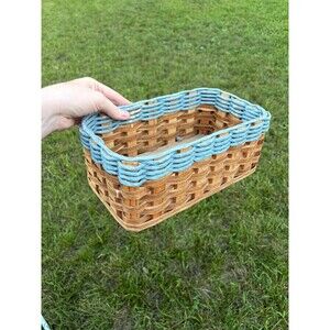 Rectangular Wicker Basket with Blue Rim, Wood Base, Handles, Medium Indoor